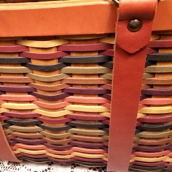 Rare 2008 Longaberger Signature Weave Multicolored Basket Tote Sturdy Leather - Picture 4 of 10